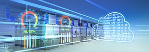 Futuristisk bild på datahall, ett och nollor som finns inne i ett moln och beräkningssymboler för dataflöde. För att illustrera IIoT lösningar