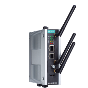 Bild på nya och blanka Industri 4.0 Edge gateway från Moxa. UC-8112-ME-LTE, den har alla 3 antennerna på denna bild.