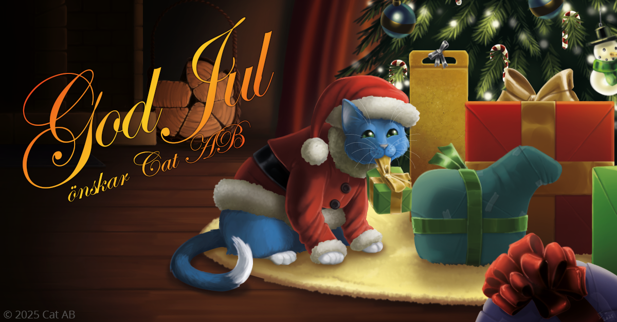 Catten har tagit på den röda tomtedräkten. Han känner på paketen under granen medan brasan sprakar lite i bakgrunden. Från oss alla till Er alla, en riktigt God Jul! //Cat AB